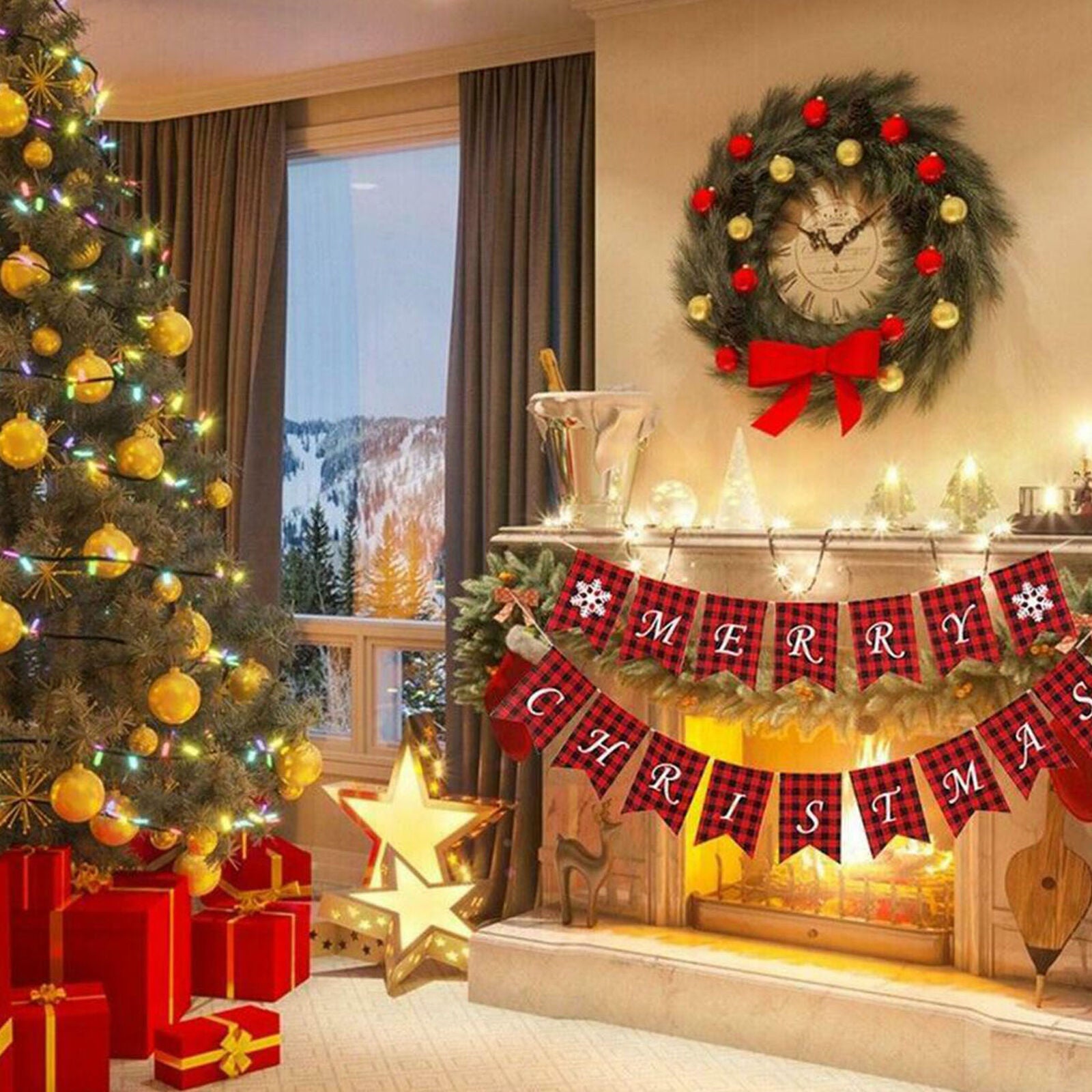 Merry Christmas Banner Flag Burlap Plaid Hanging Ornaments Xmas Party Decor Home