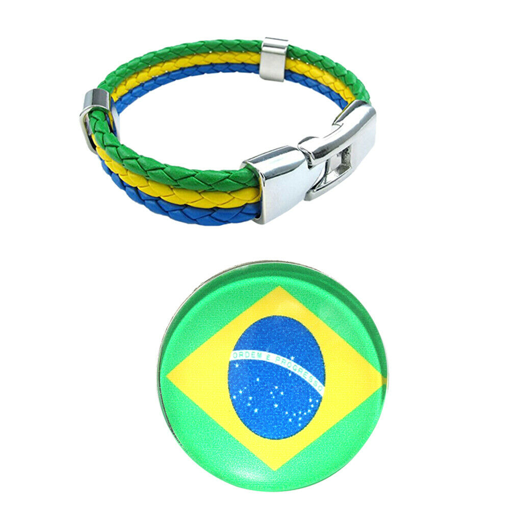 2 Pieces Braided Wristband Brooch Set Football Fans Brazil Country Flag