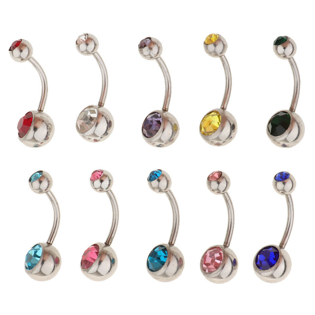10Pcs Stainless Steel Navel Ring Curved Barbell Piercing Crystal Rhinestone