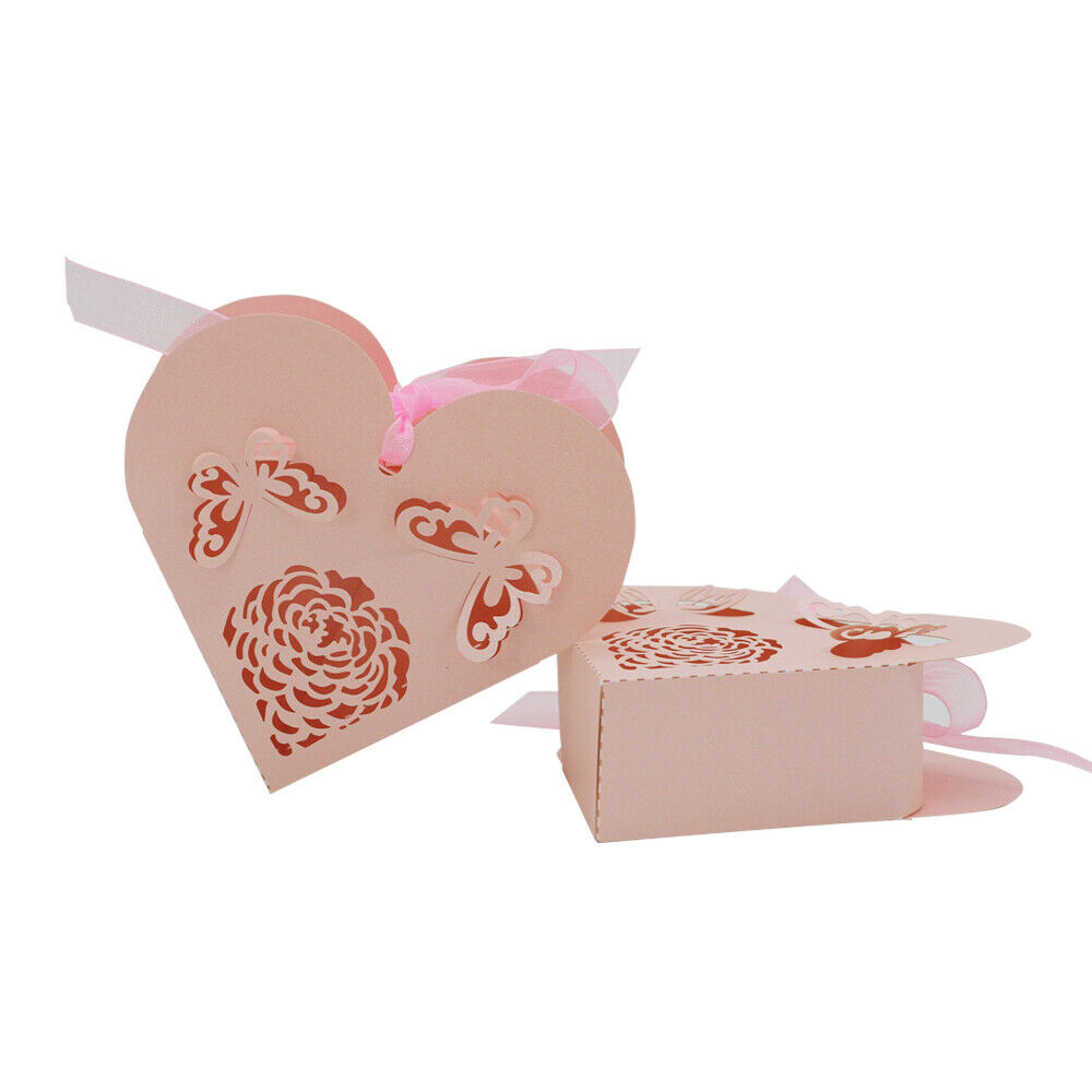 50pcs Paper Love Heart Hollow Candy Boxes Ribbon Wedding Party Favors Pink