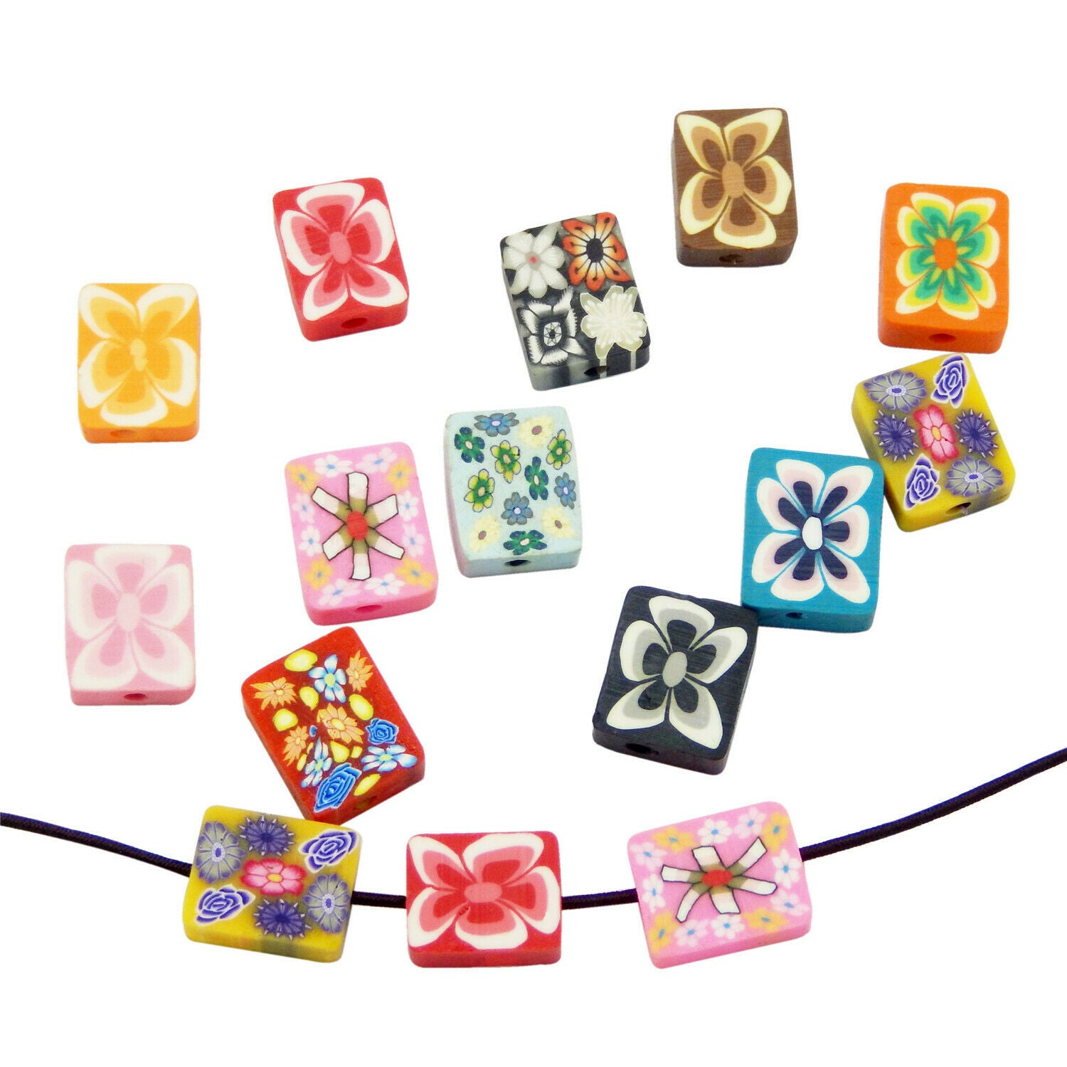 40 Assorted Floral Rectangle Polymer Clay Bead Bracelet Jewelry Crafting 12X10mm