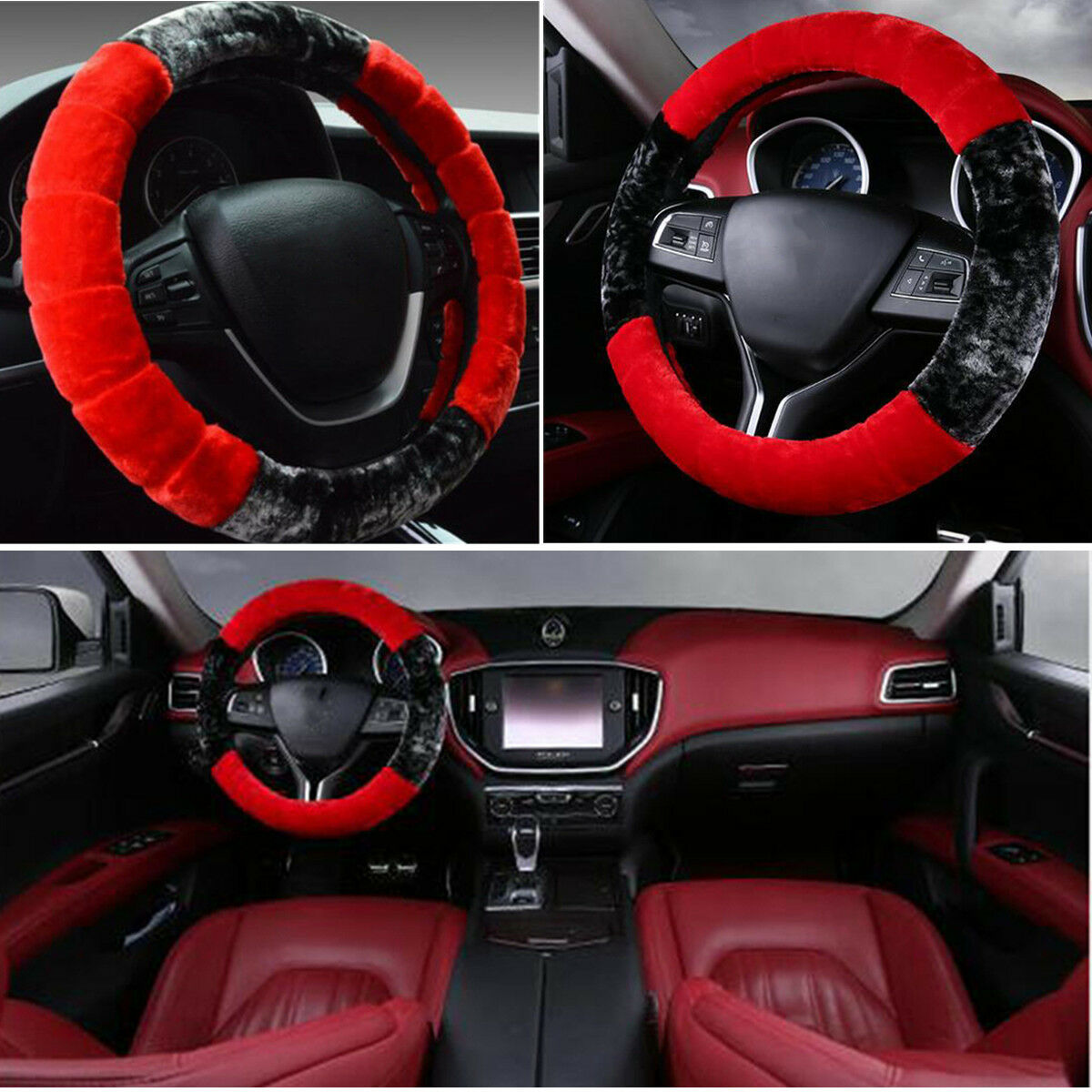 1pc 37-38cm Universal Black+Red Plush Furry Car Steering Wheel Cover Winter Warm