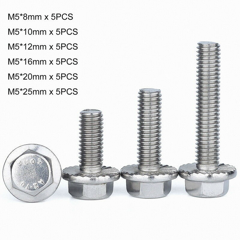 30Pcs M5*8~25mm Flange Hexagon Head Serrated Bolts Set Screws Kit- 304 Stainless