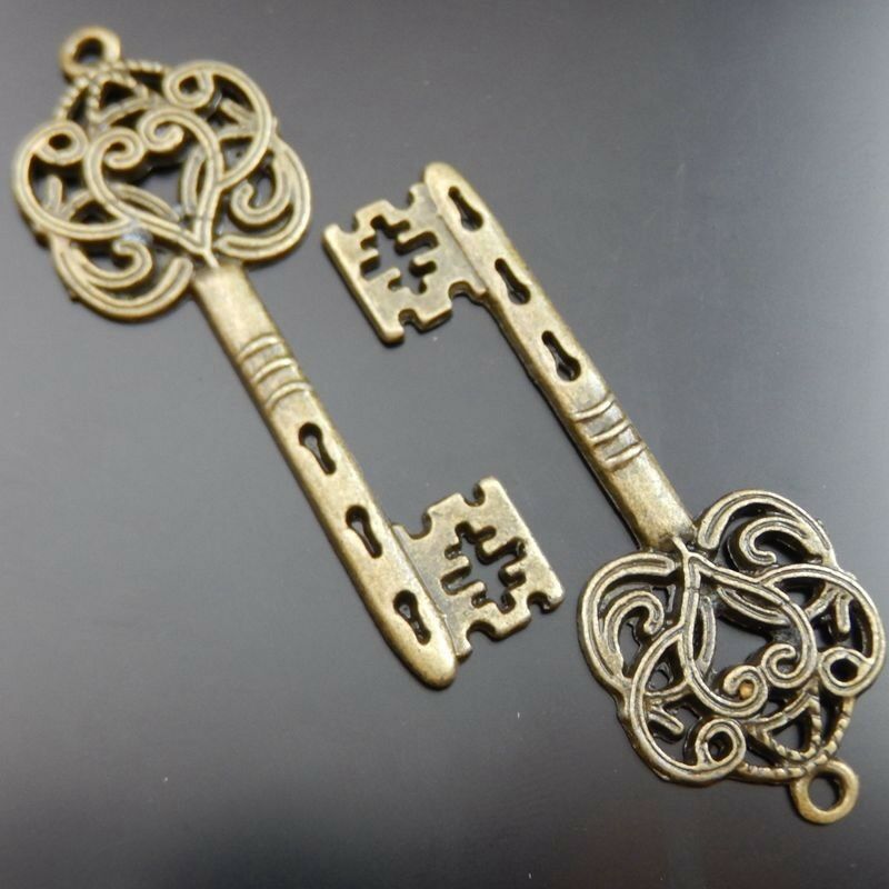 8 pcs Antiqued Bronze Floral Key Pendant Drop Dangle Alloy For Crafts 58*21mm