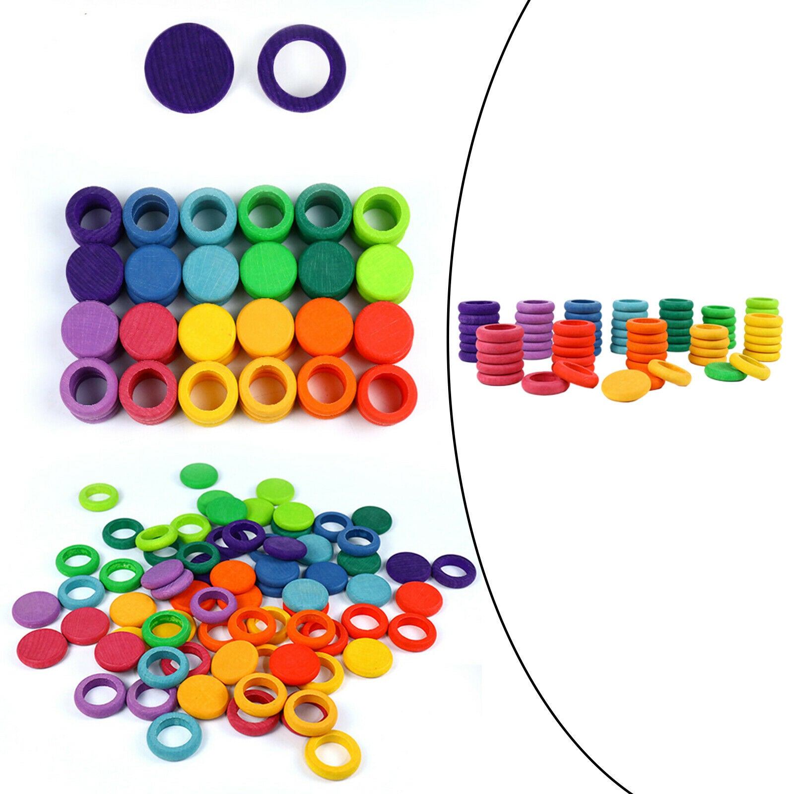 72Pcs Wood Round Blocks Donut Pie Stacking Counting Baby Development Educational