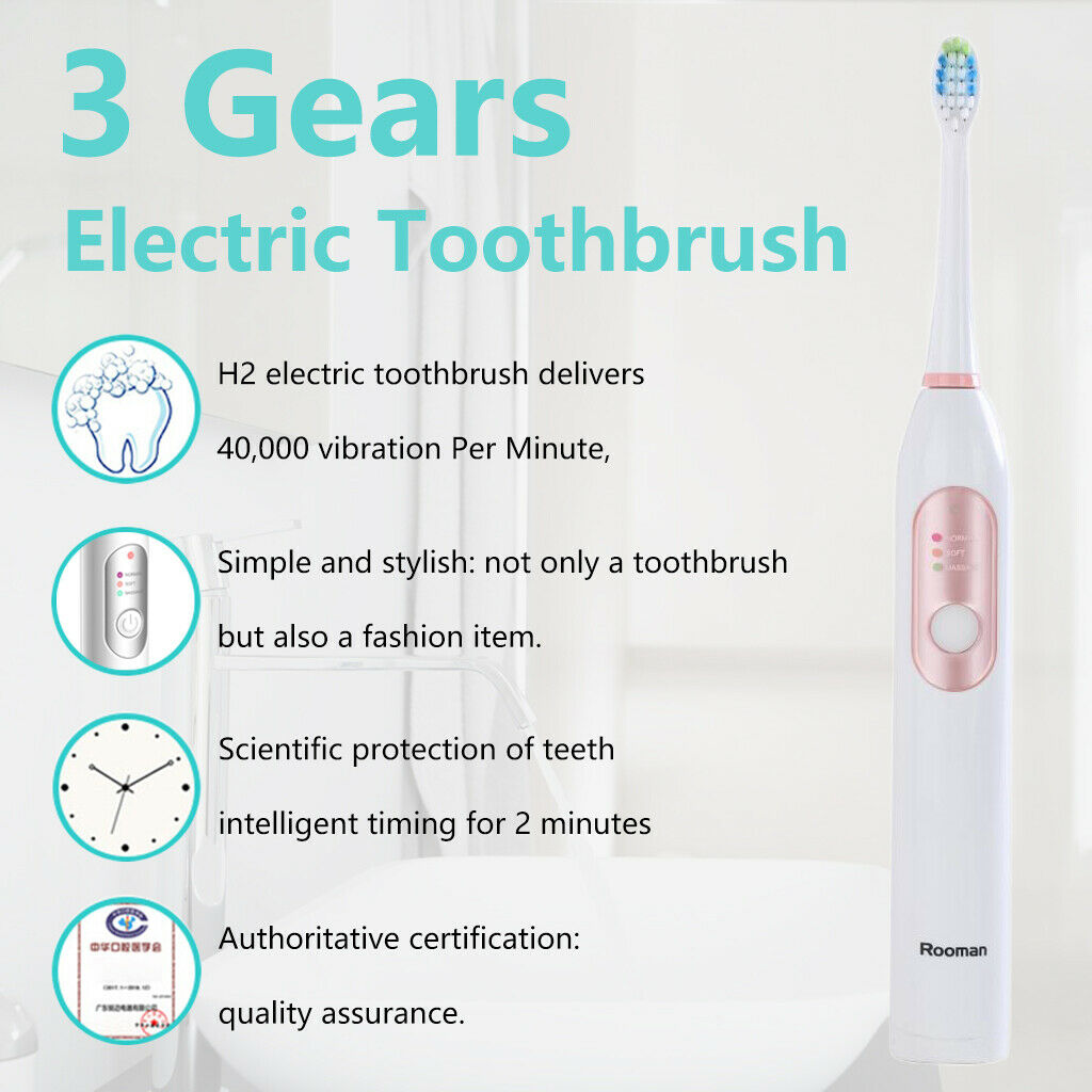 Washable 3 Modes Sonic Whitening Electric Toothbrush USB with Timer 2 Heads