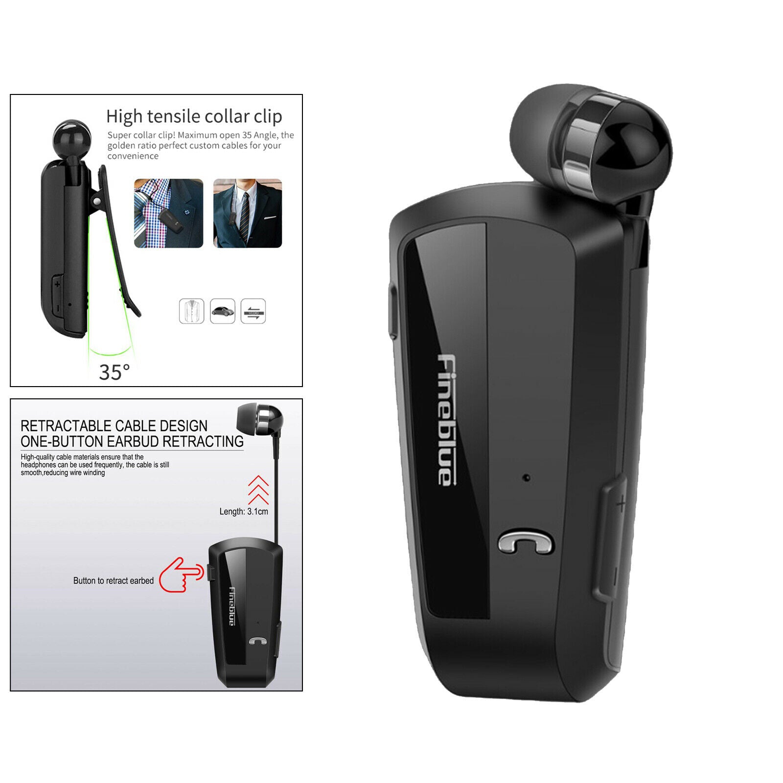 Fineblue Mini Bluetooth Headset Clip Workout Earphone Earbud Black With Box