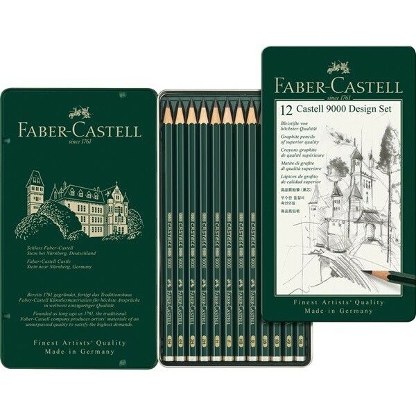 #119064 Faber Castell Tin of 12 Castell 9000 Graphite Pencils Artists Design Set
