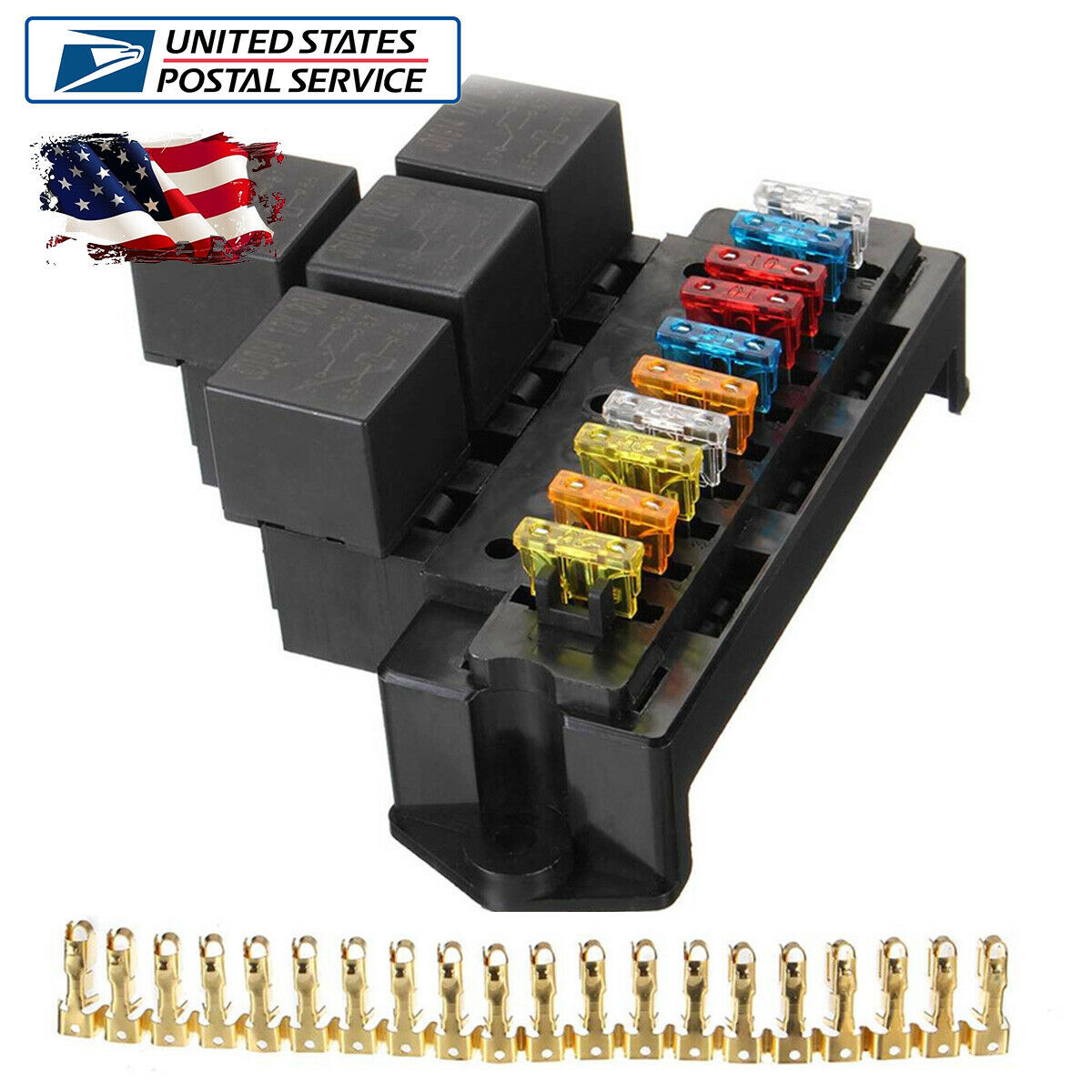 10 Way Blade Fuse Holder Relay Socket + Middle Size Fuse 12V 80A Universal Car