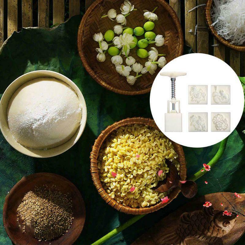 Four Season Flowers Square Hand Pressed Mooncake Mold 4 Stamps Baking Tools