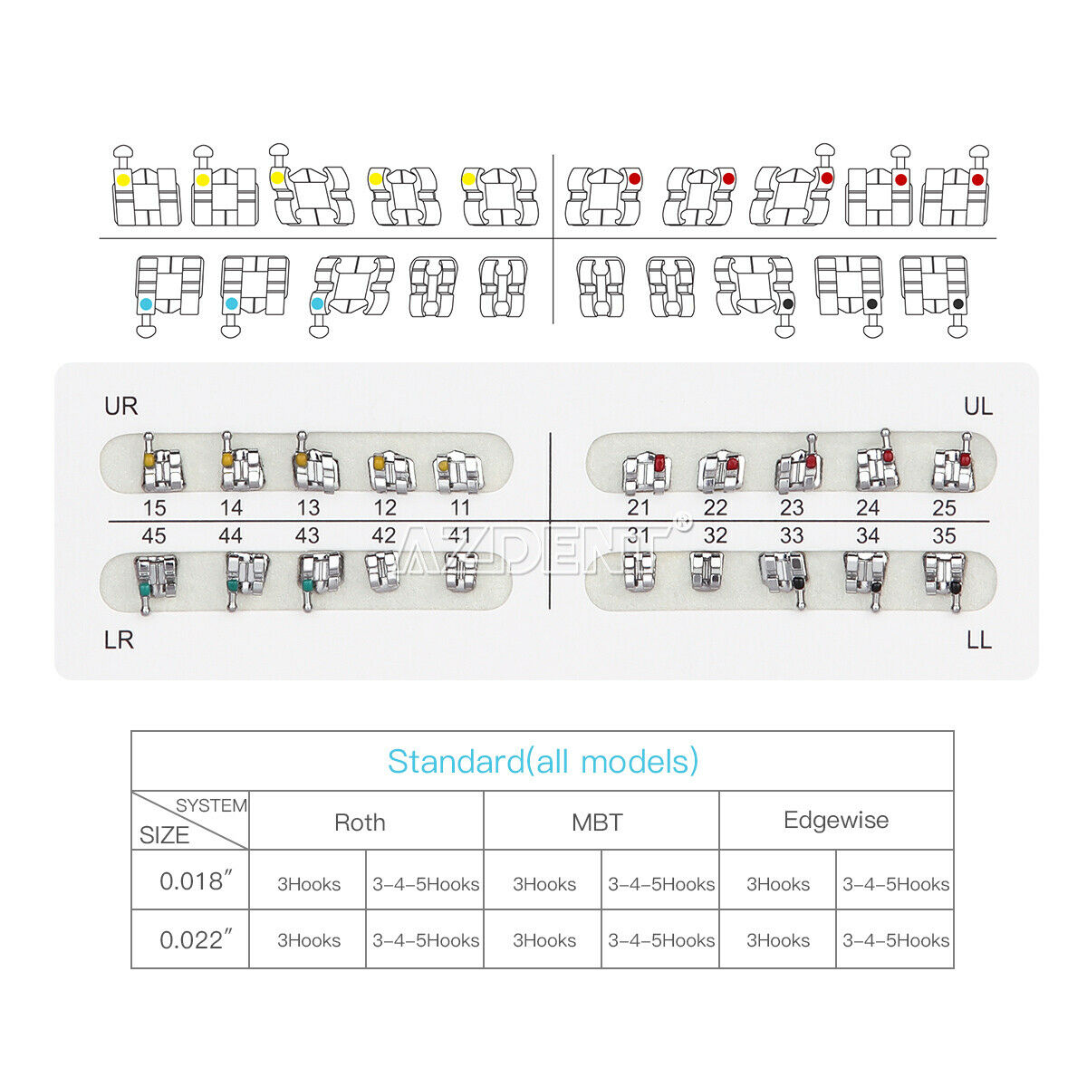 50 x Dental Orthodontic Metal Brackets Braces Mini Roth Slot.022 3-4-5 Hooks