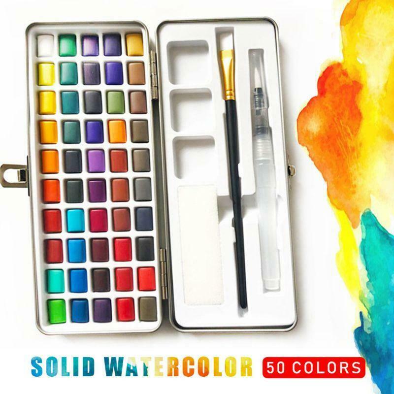 50 Colors Solid Watercolor Paint Pigment Set Portable for Beginner Drawing Art