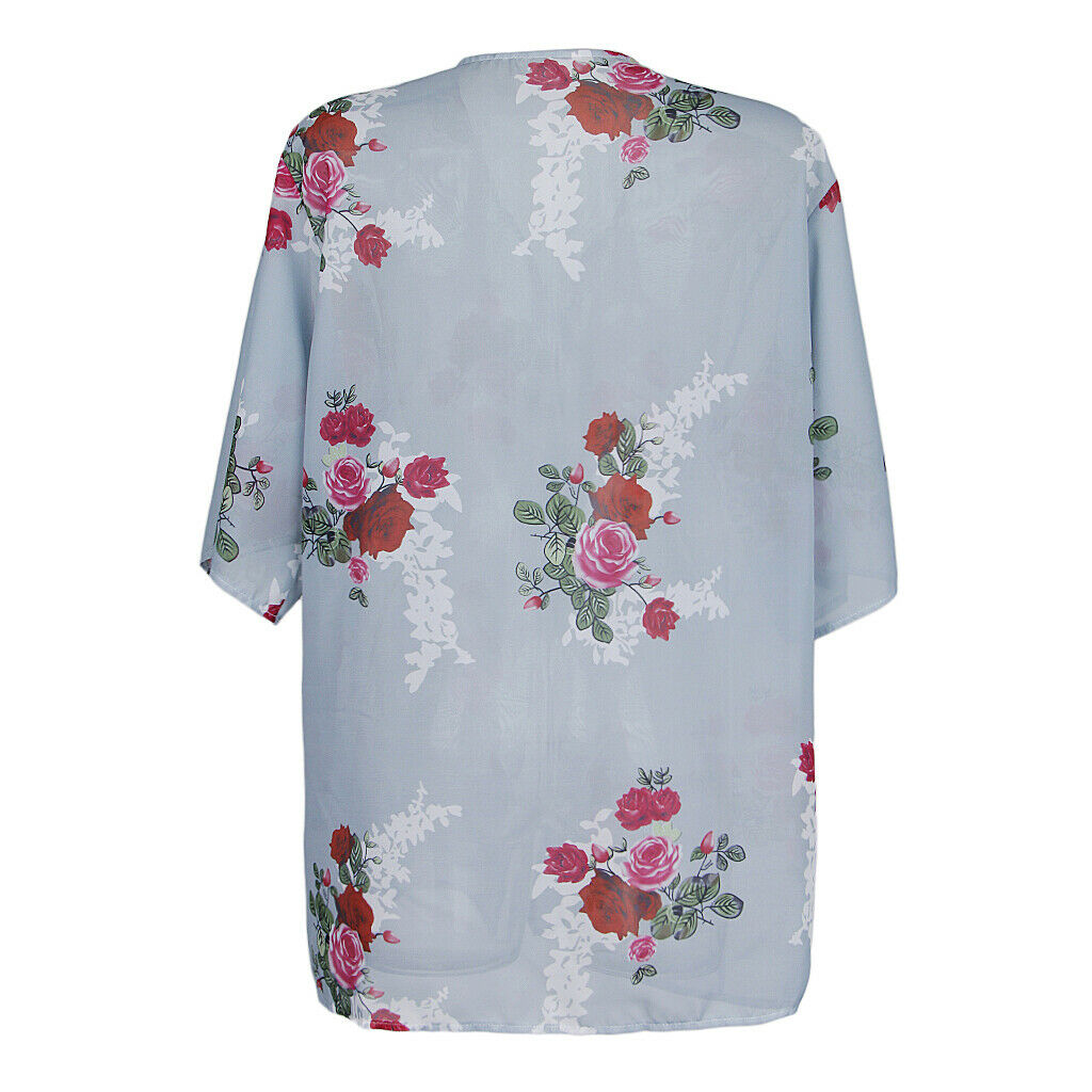Summer Floral Prints Chiffon Cardigan Kimono Beachwear Top Bikini Cover Up Gray