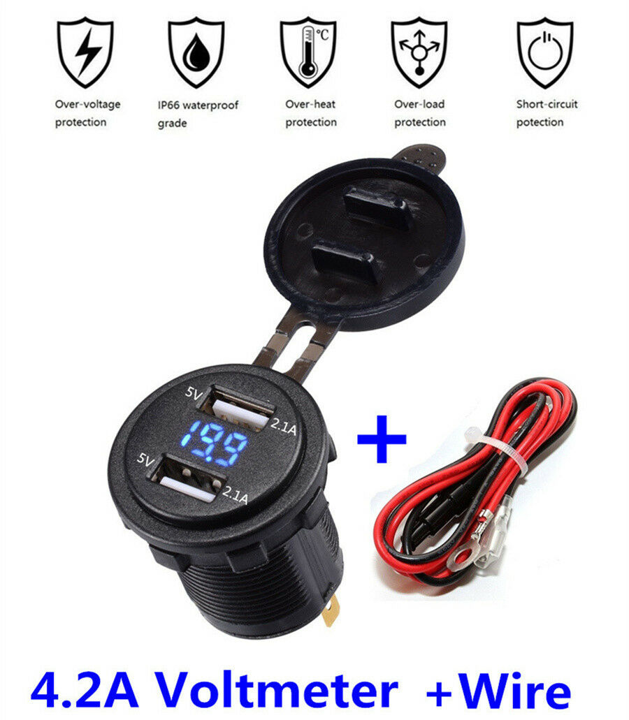 4.2A Dual USB Charger Socket with Voltmeter & Wire Waterproof for Car Motorcycle