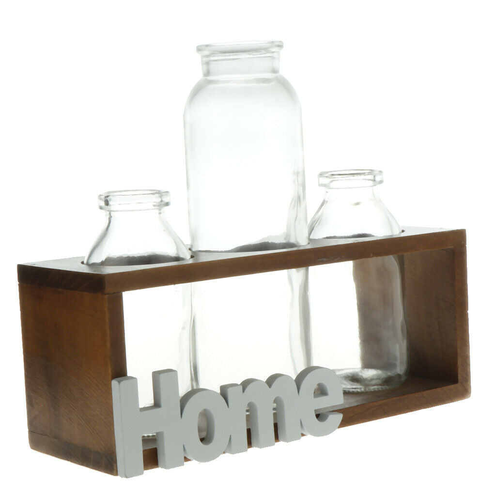 Crystal Glass Test Tube Vase in Wooden Stand Terrarium Glass Planter 3-Wood