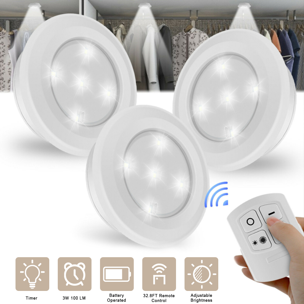 Wireless Stick On Puck LED Tap Light Remote Under Cabinet Closet Night Light 3pc