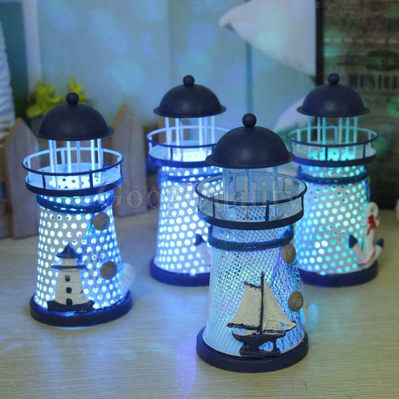 Mediterranean Lighthouse Iron Candle Light Sailing Blue White Table Decor