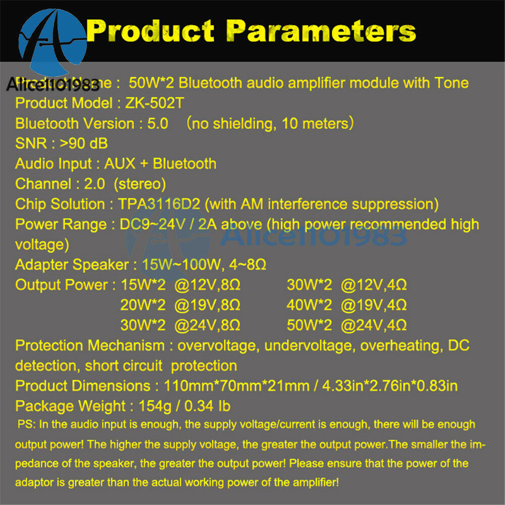 TPA3116 2*50W 2 Channel Bluetooth 5.0 Stereo Audio Amplifier Board Subwoofer