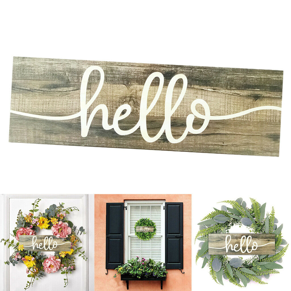 Handmade Hello Wreath for Front Door DIY Rustic Wood Sign Plaque Hanging Decors