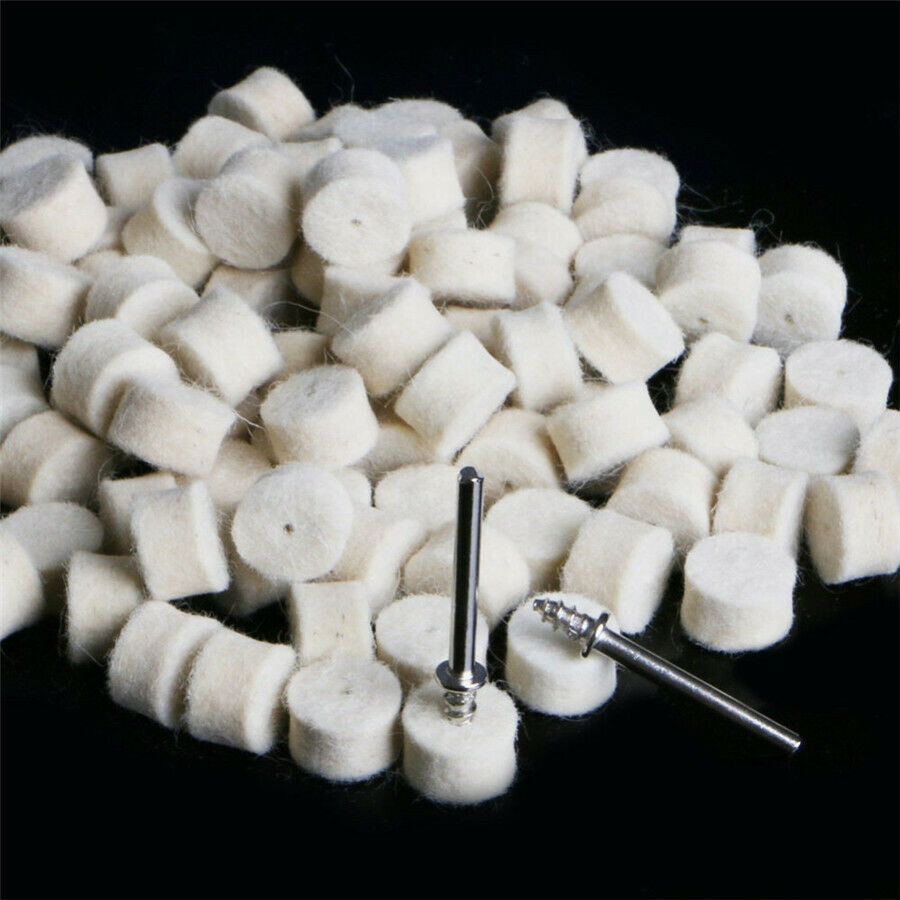 100Pcs 13x9 mm Wool Felt Polishing Buffing Pad/Wheel+2 Clamp Shanks Replaceable