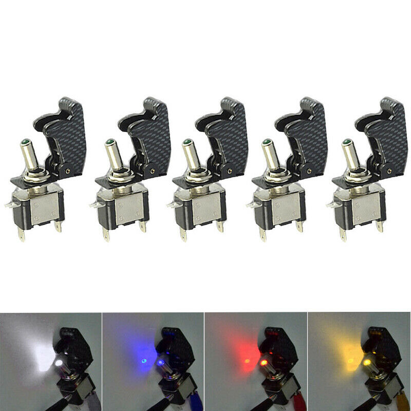 5PCS 20A Car SUV Truck Yacht Carbon Fiber Cover LED Light Rocker Toggle Switch