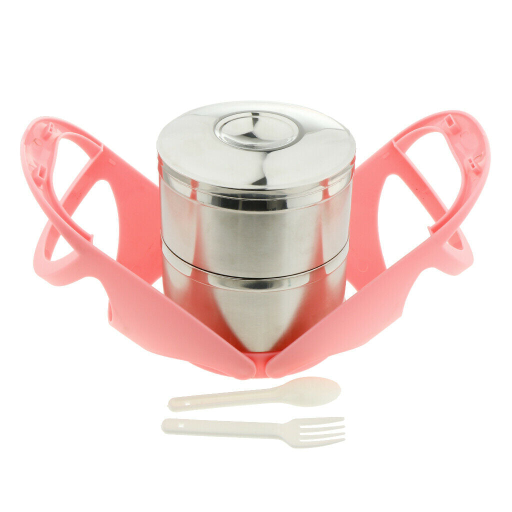 Portable Stainless Steel Insulated Lunch Box Food Compartments Pink-2 Tier