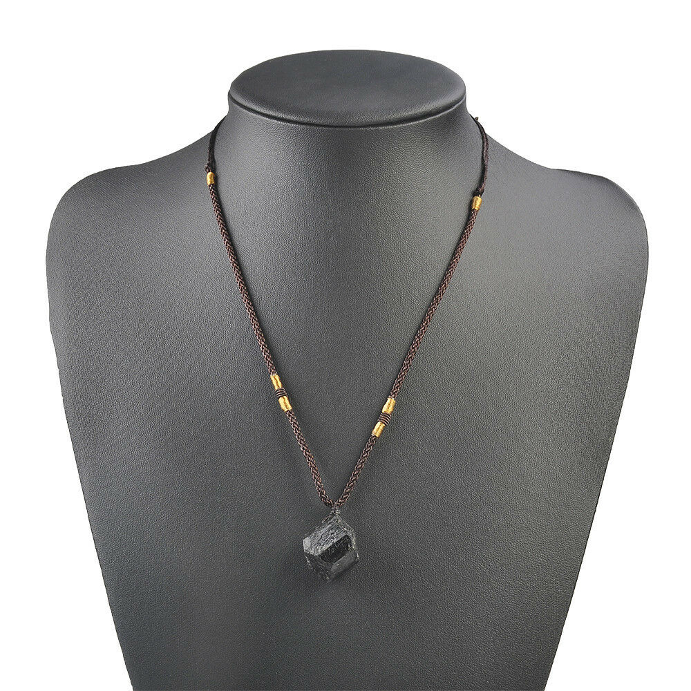 Women Natural Black Tourmaline Stone Pendant Necklace Crystal Gem Specimen Retro