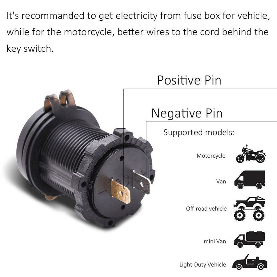 Dual USB Charger Socket Power Outlet 4.2A with Voltmeter &Wire In-line 10A Fuse