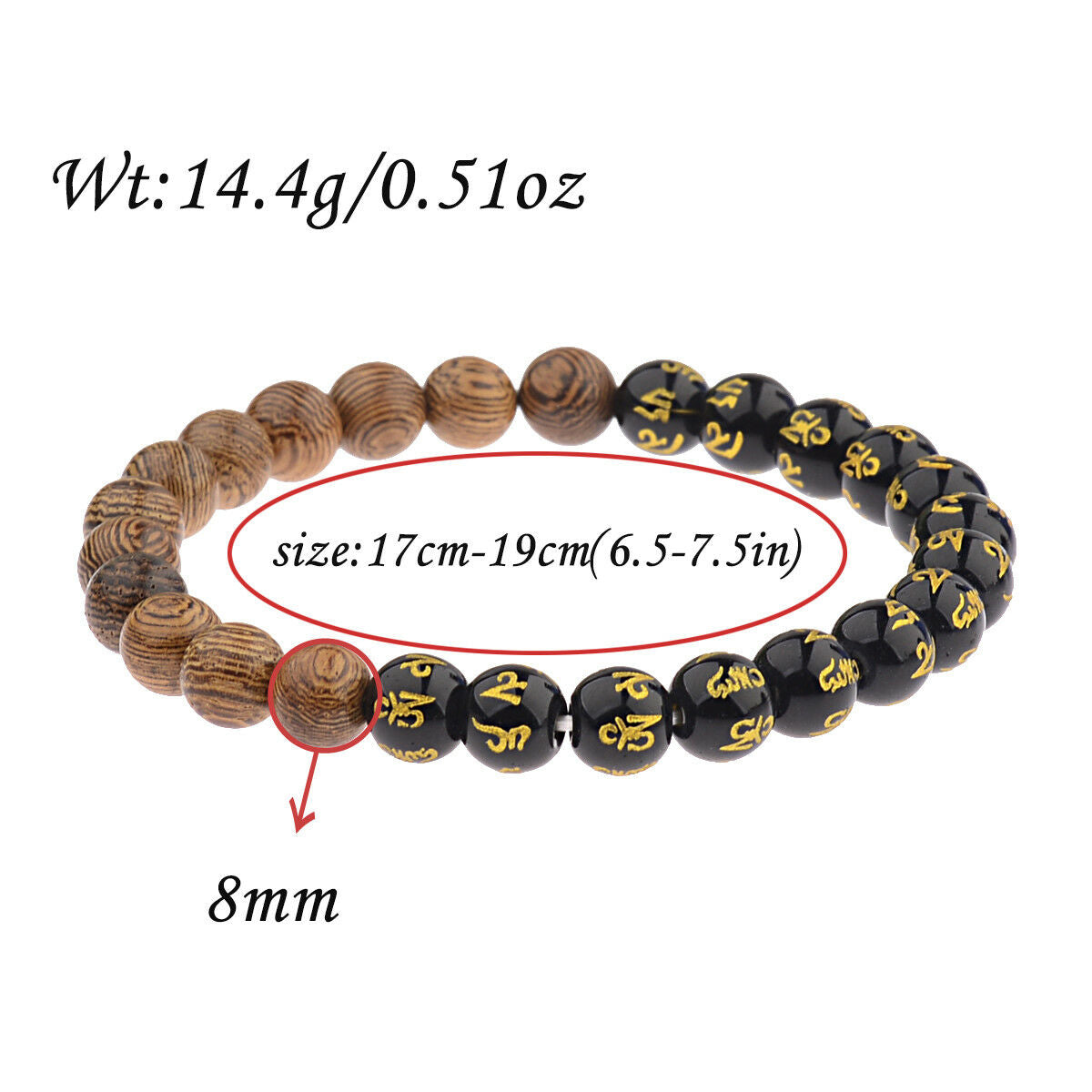 8mm Tibetan Black Agate & Wooden Bead Carve Mantra Om Mani Hum Amulet Bracelets