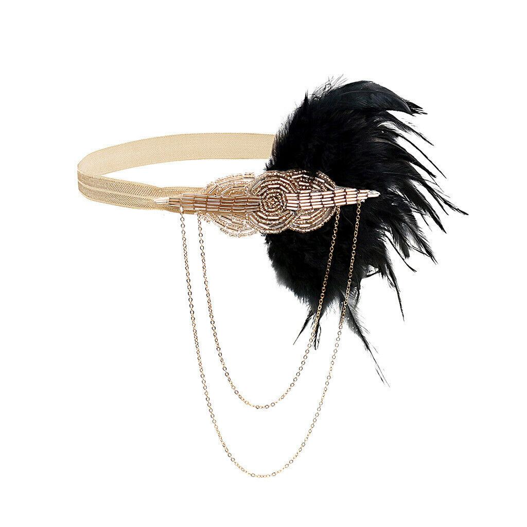 Feather Tassel Beads Flapper Headband 1920s Charleston Headpiece Champagne 2