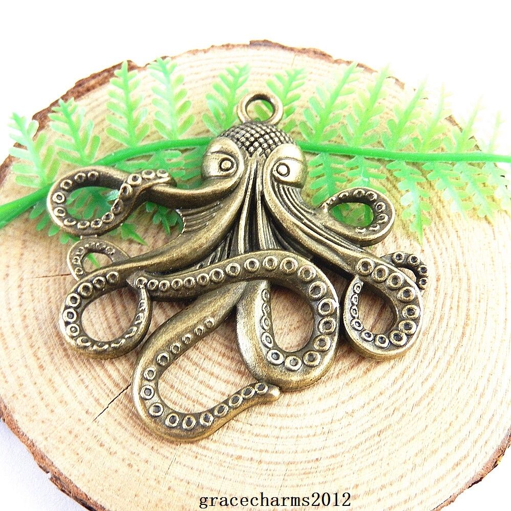 3 pcs Antiqued Bronze Cute Octopus Pendant Charm Alloy Marine Fish 56*54*3mm