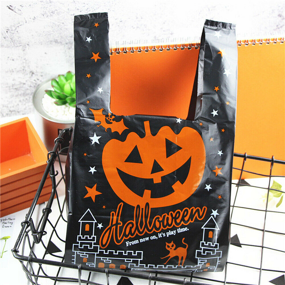 20pcs Halloween Pumpkin Plastic Tote Bag Party Favor Gifts Wrapping Shopping Bag