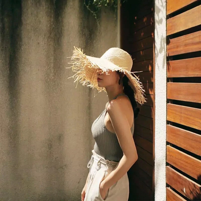 Women Straw Sun Hats Large Wide Brim Natural Raffia Panama Beach Caps Holi_DD