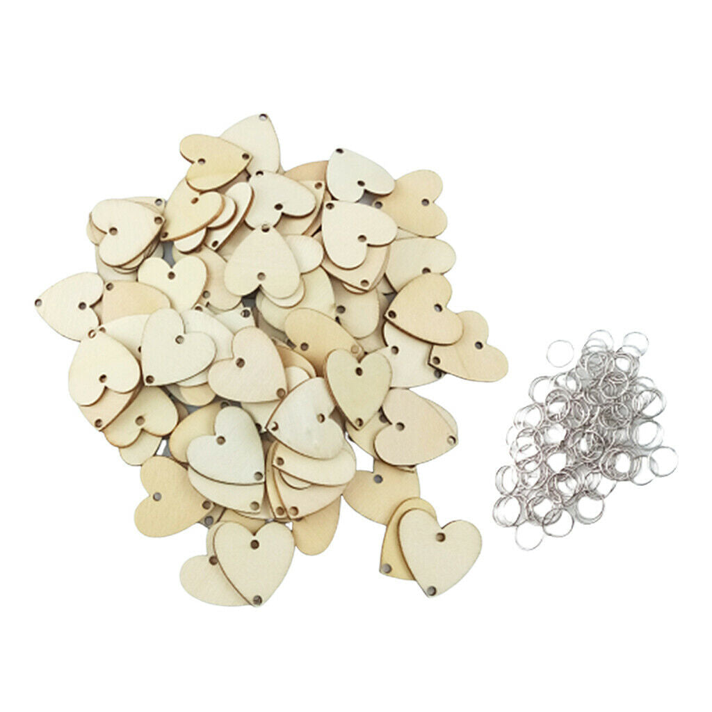 100x Unfinished Wooden Pieces Love Heart Wood Slices Shapes Discs w/ Metal Rings