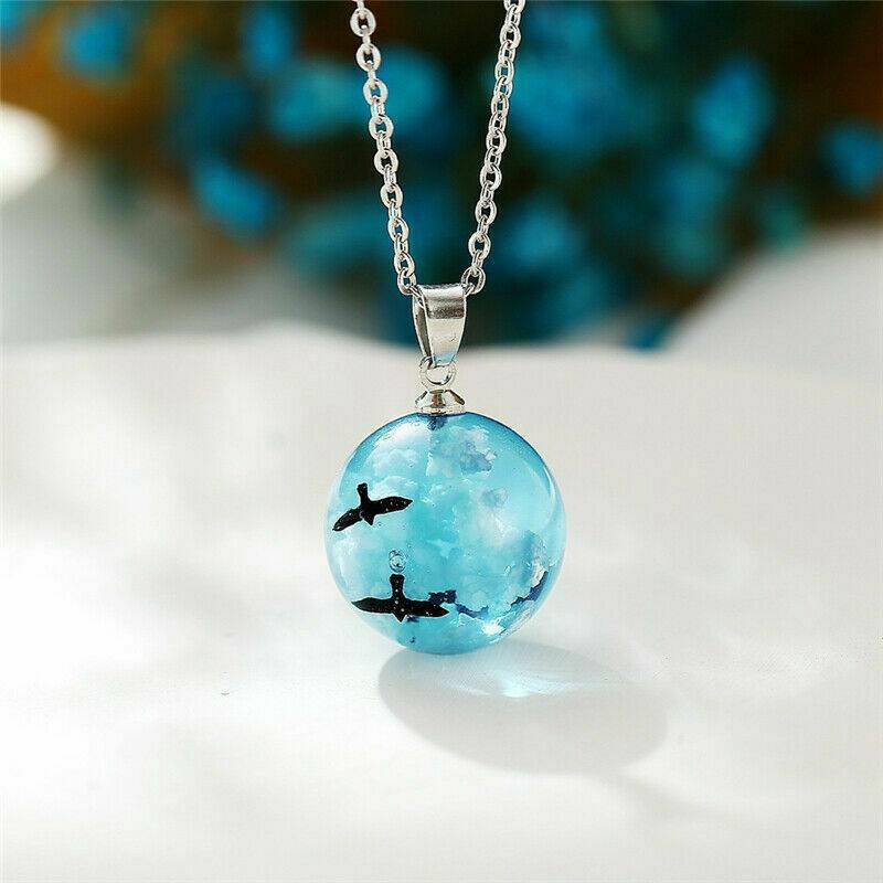 White Clouds Blue Sky Birds Glass Ball Pendant Necklace Terrarium Fashion Gifts.