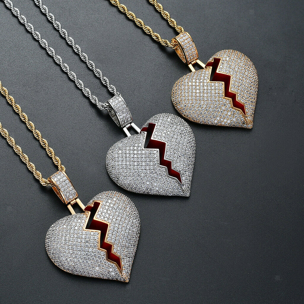 Heart-broken shape pendant zircon hip-hop necklace Golden