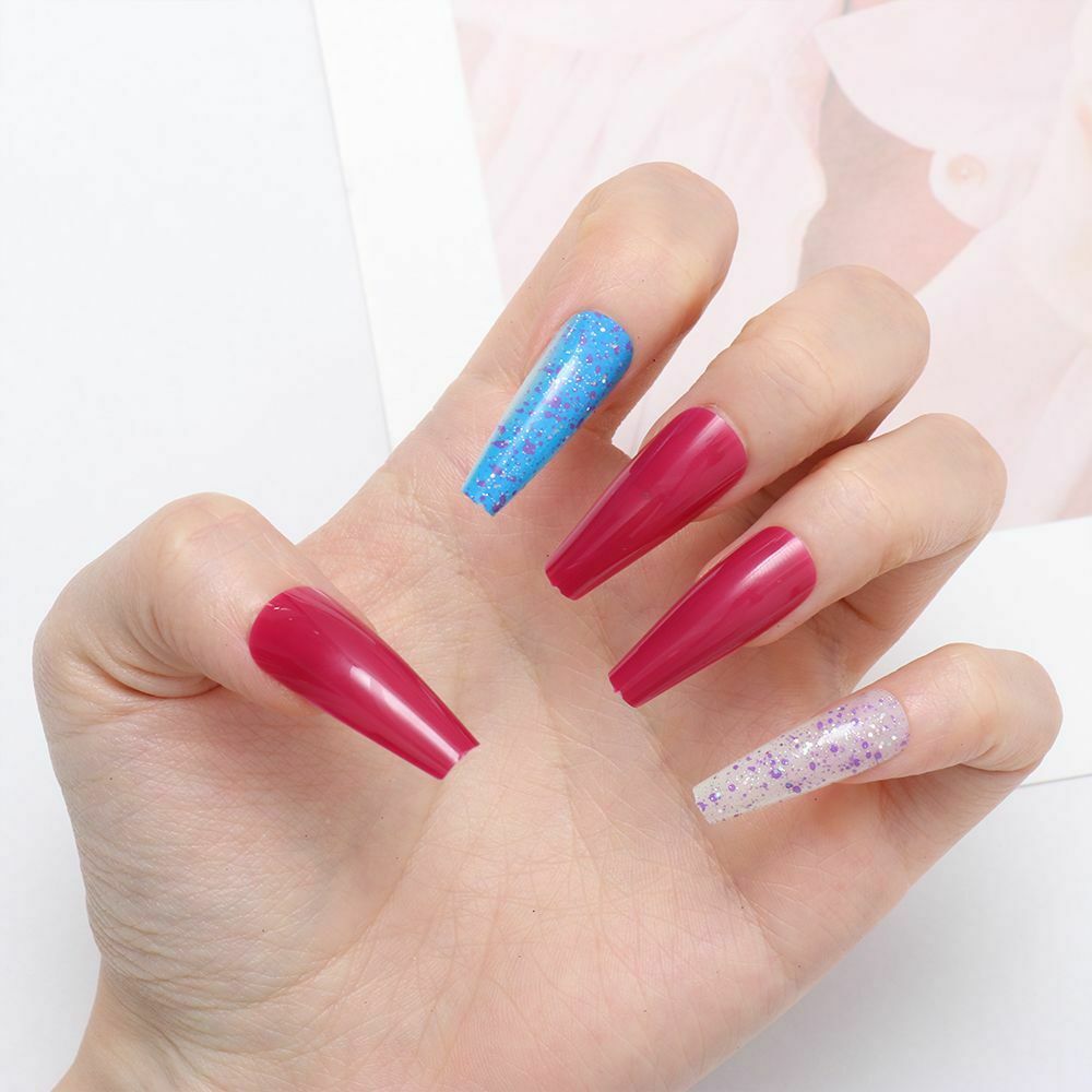 Ballerina Extra Long Color mixing T-shaped Coffin Nail Tip Sequins False Nails