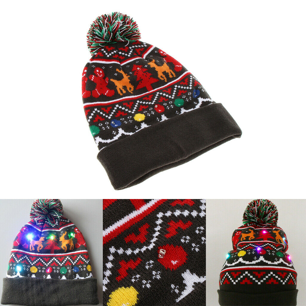 Light up Knitted Ugly Sweater Holiday Christmas Beanie gray elk
