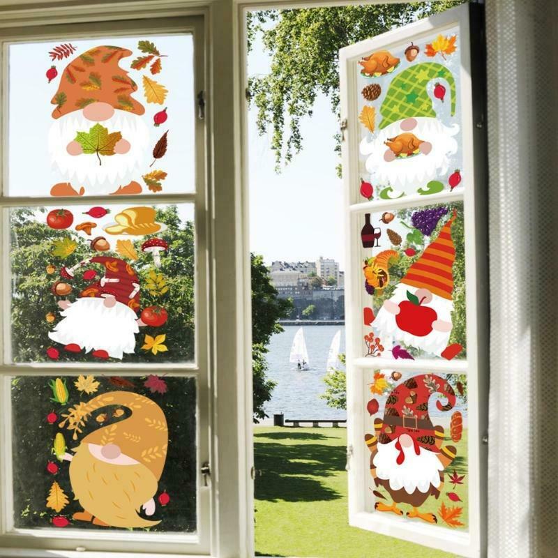 9 Pcs Harvest Festival Window Cling Gnome Stickers Thanksgiving Maple Leaf Dwarf