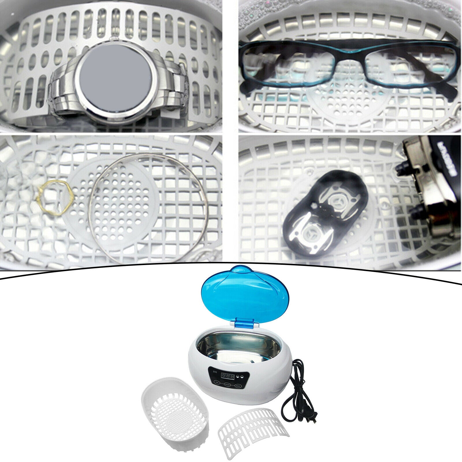 Household Ultrasonic Cleaner 600mL for Jewelry Glasses Ring White UK Plug