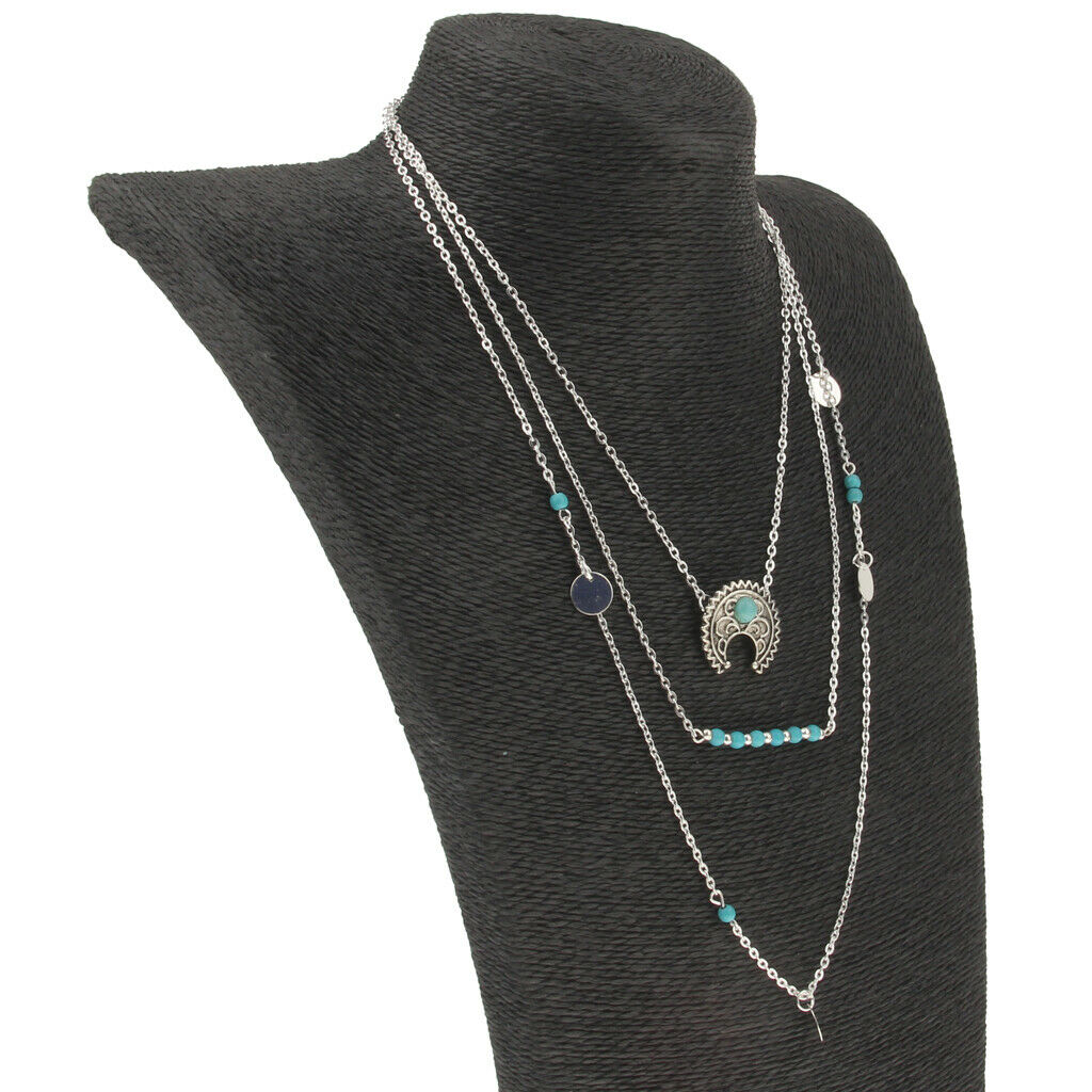Retro Boho Turquoise Crescent Moon Pendant Multilayer Long Chain Necklace