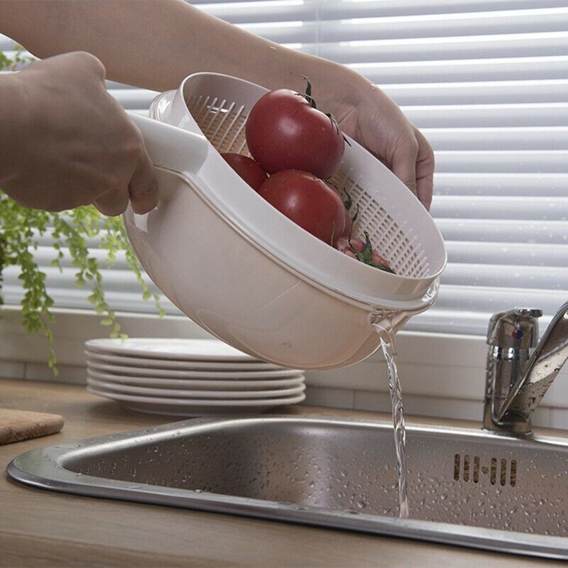 Plastic Handles Rice Wash Basket Double-Layer Drain Basket Kitchen Fruit VegS8Q3