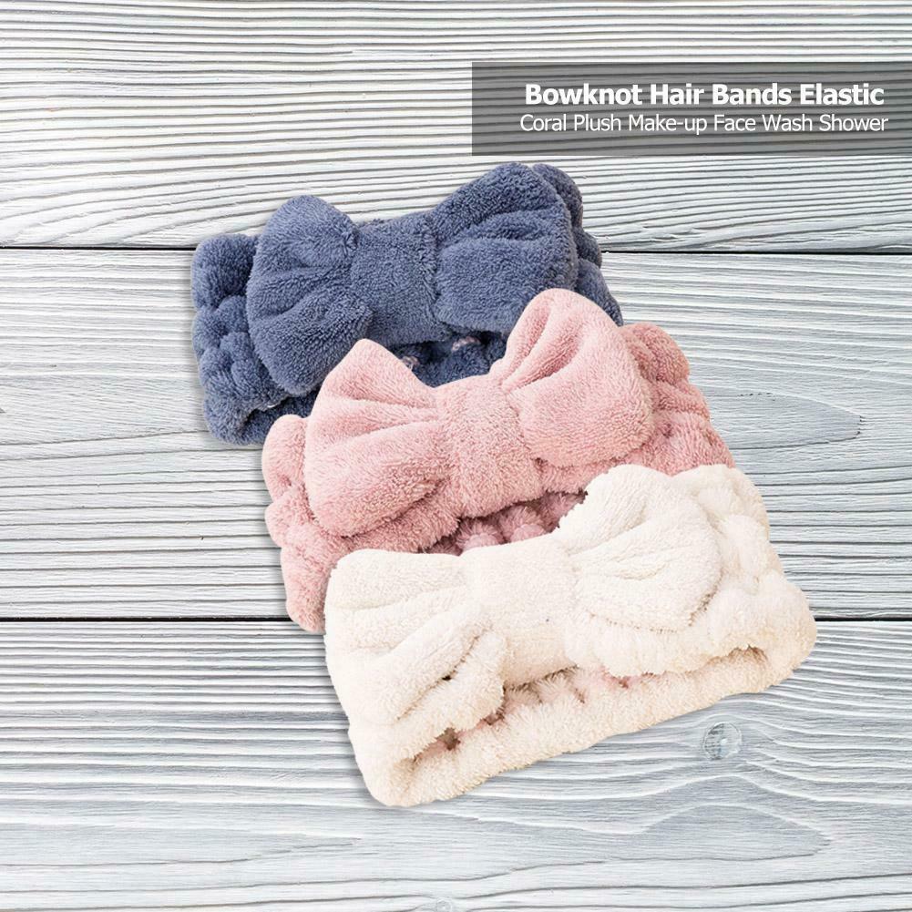 3pcs Coral Fleece Bowknot Headband Bath Shower Face Wash Elastic Hairbands @