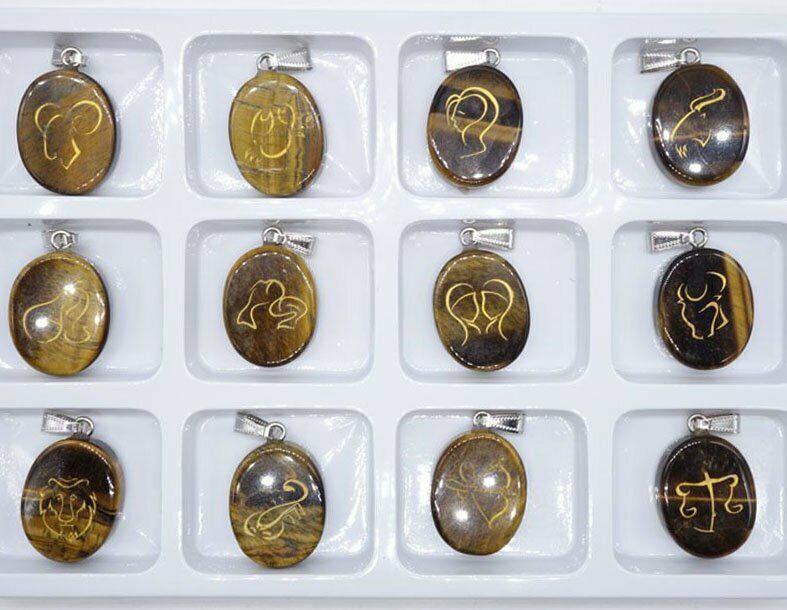 12Pcs/set 28x22x7mm Natural Tiger Eye Gem Constellation Oval Pendant Bead HH7705