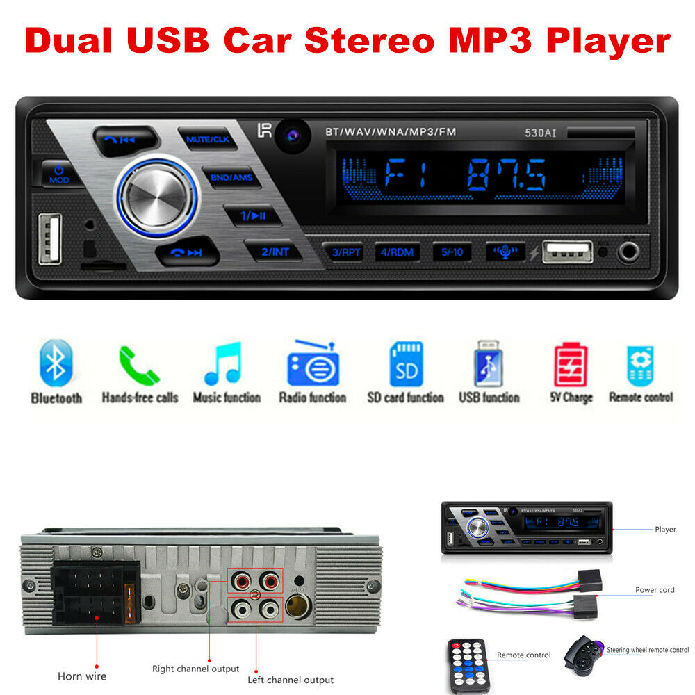 Dual USB Car Stereo MP3 Player Bluetooth Music AUX Radio Audio Voice Control 12V