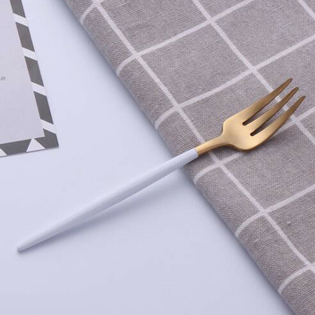 Stainless Dinner Fork Cake Flatware Cutlery Dessert Fork White + Golden