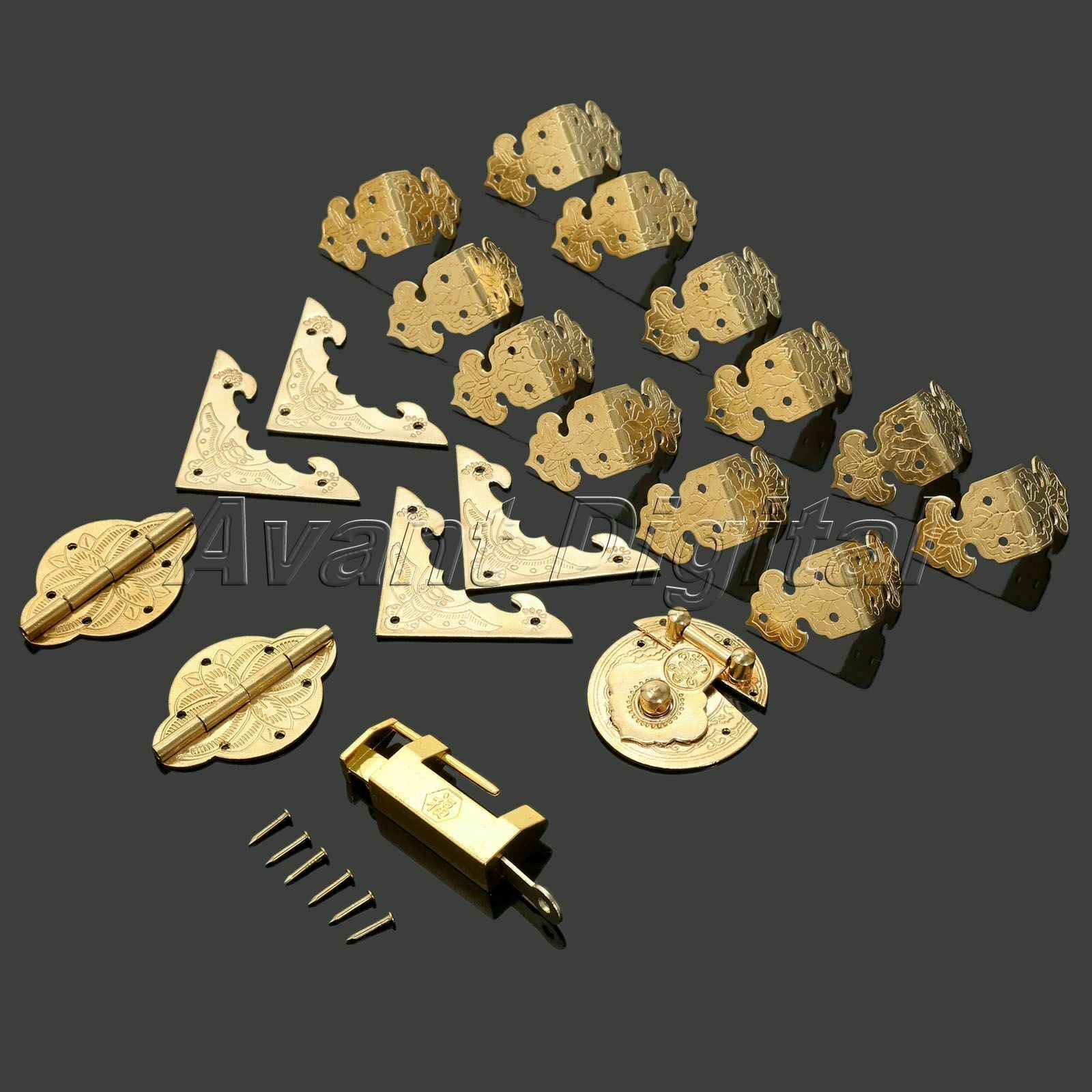 Chinese Brass Hardware Hinges Latch Jewelry Box Corners Protector with 102 Nails