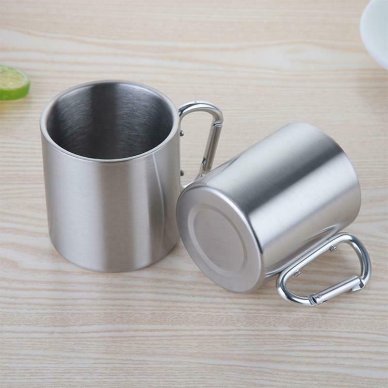 220ml Camping Travel Stainless Steel Cup Carabiner Hook Handle Picnic Water Mug