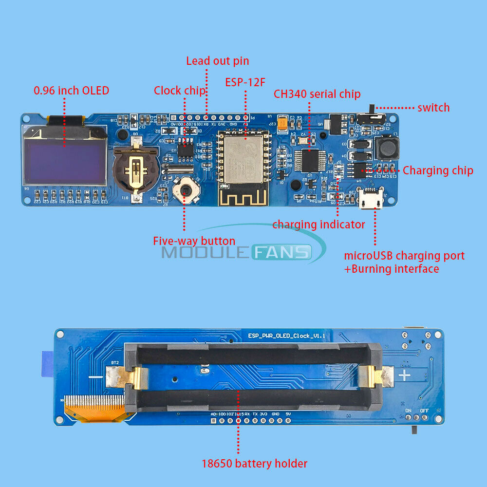 0.96'' OLED ESP8266 WIFI Clock Module 8266 Clock Development Board 18650 Battery