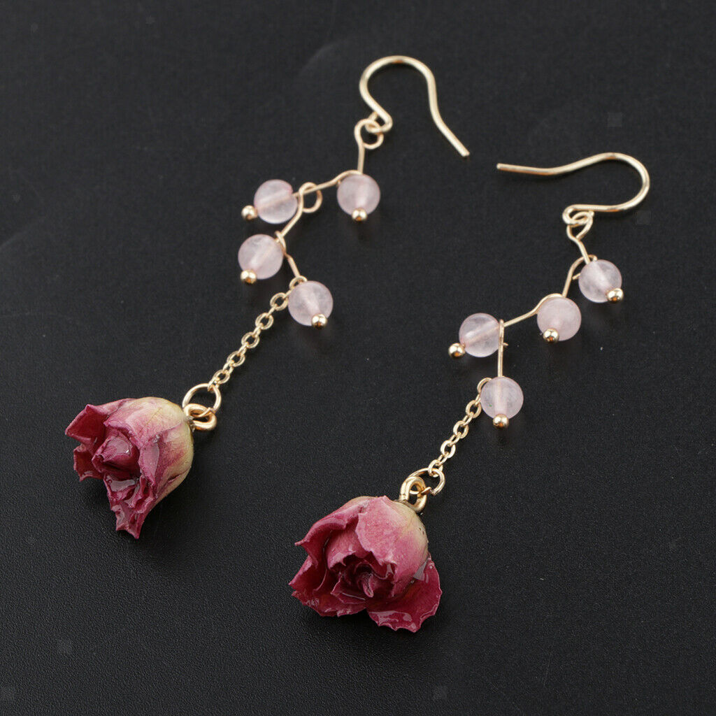 Boho Drop Dangle Dried Rose Flower Earrings Ear Studs Womens Ear Jewelry